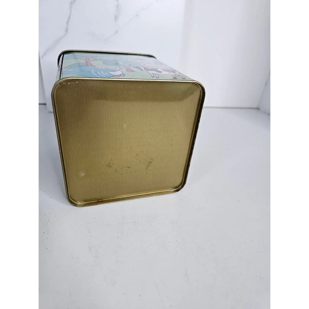 Vintage Farm Scene Metal Tin Cow Goose Pastoral Landscape Square Storage Can